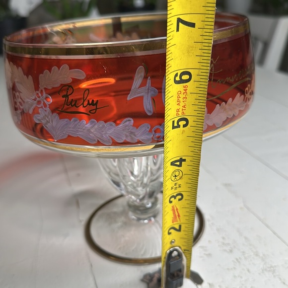 Vintage 40th RUBY ANNIVERSARY Fruit Bowl, Crystal Ruby&Gold Etched Pedestal Dish - Picture 8 of 12